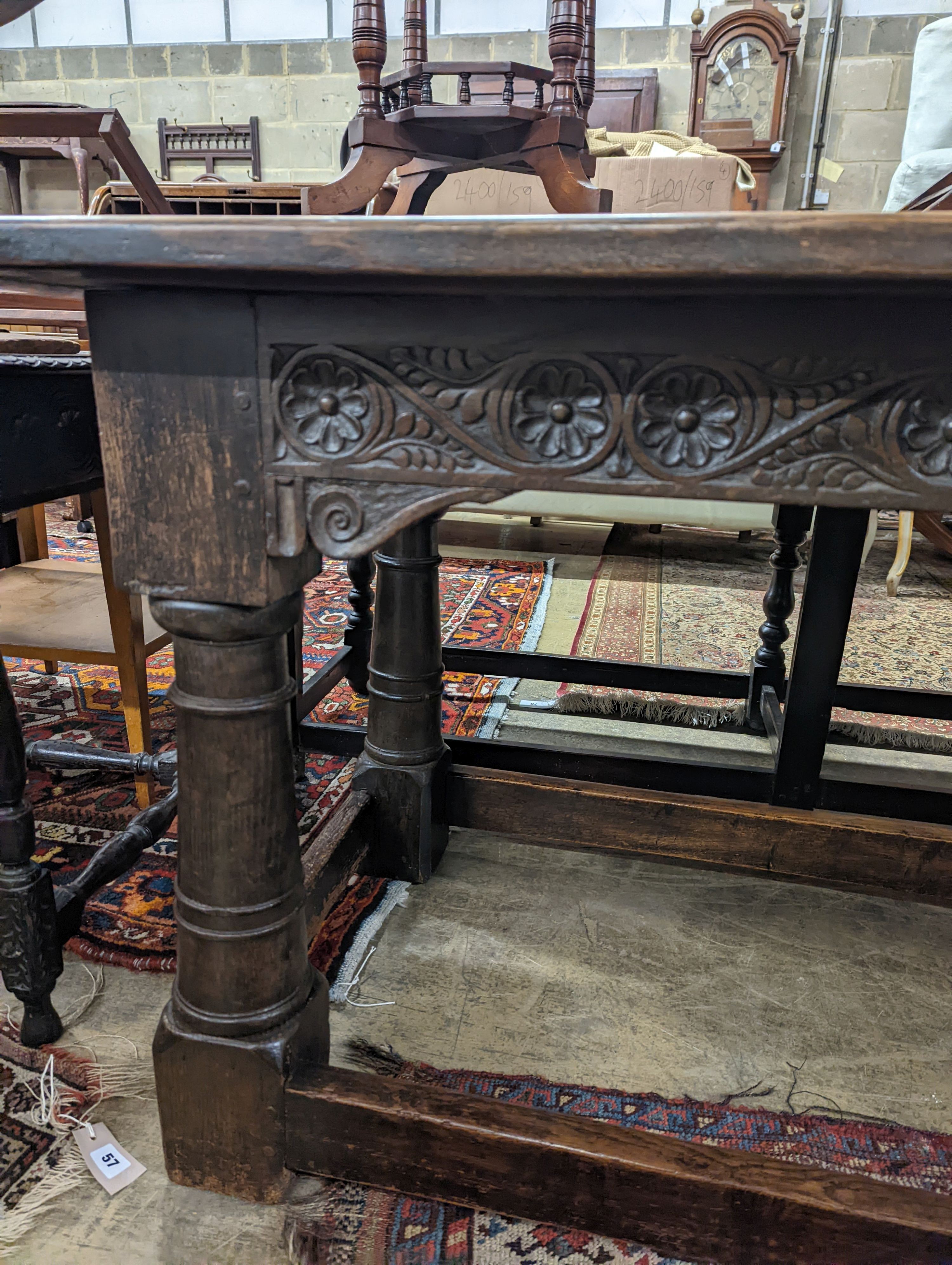 A 17th century rectangular oak refectory dining table, length 167cm, depth 74cm, height 76cm